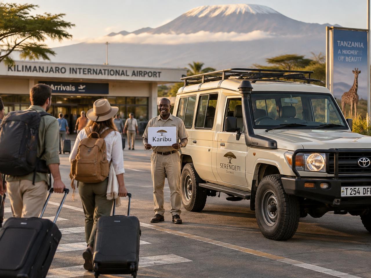 Driver welcoming travellers with a Karibu sign beside a safari vehicle at Kilimanjaro International Airport