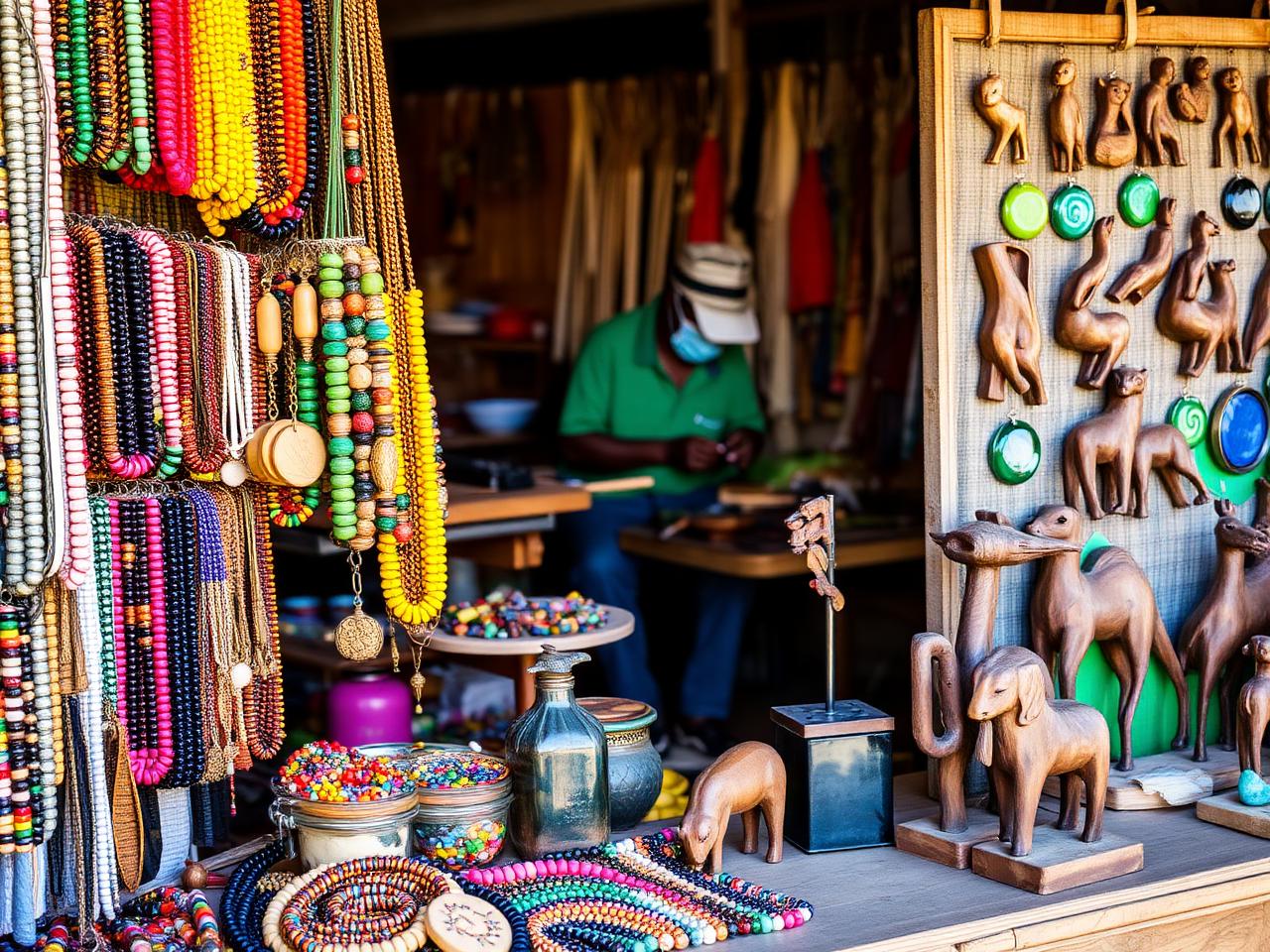 Tanzanian beadwork, carvings and craft souvenirs on display in an Arusha market stall