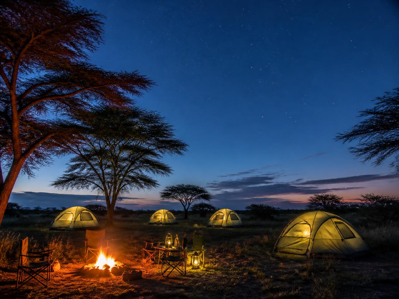 Safari camping tents and a campfire under acacia trees at blue hour