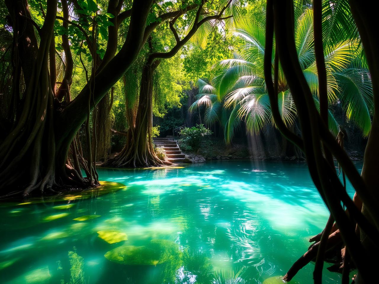 Turquoise natural spring pool framed by fig tree roots at Chemka Hot Springs, Tanzania