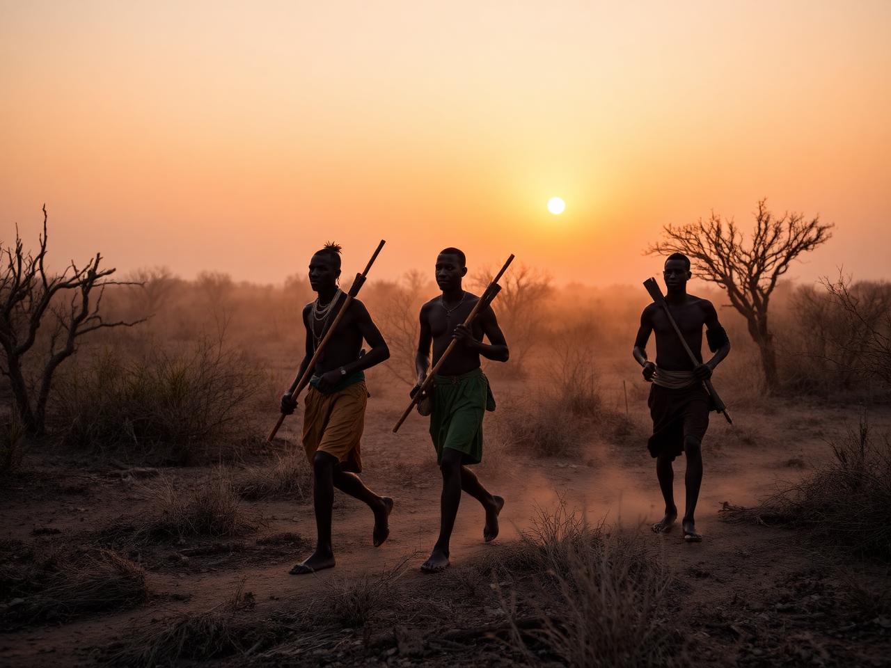 Hadzabe hunters walking through dry bushland near Lake Eyasi at sunrise