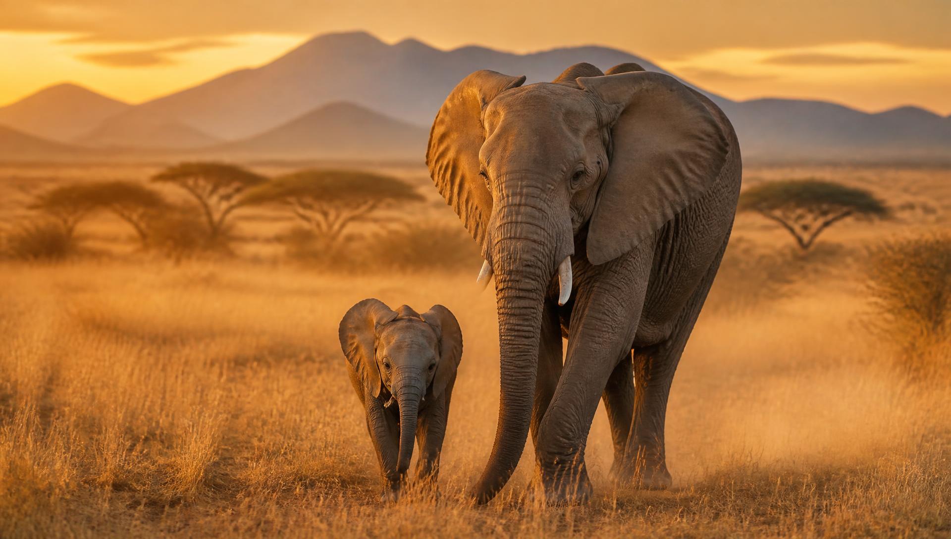 Mother elephant walking beside her baby calf across golden Tanzanian savannah at sunrise