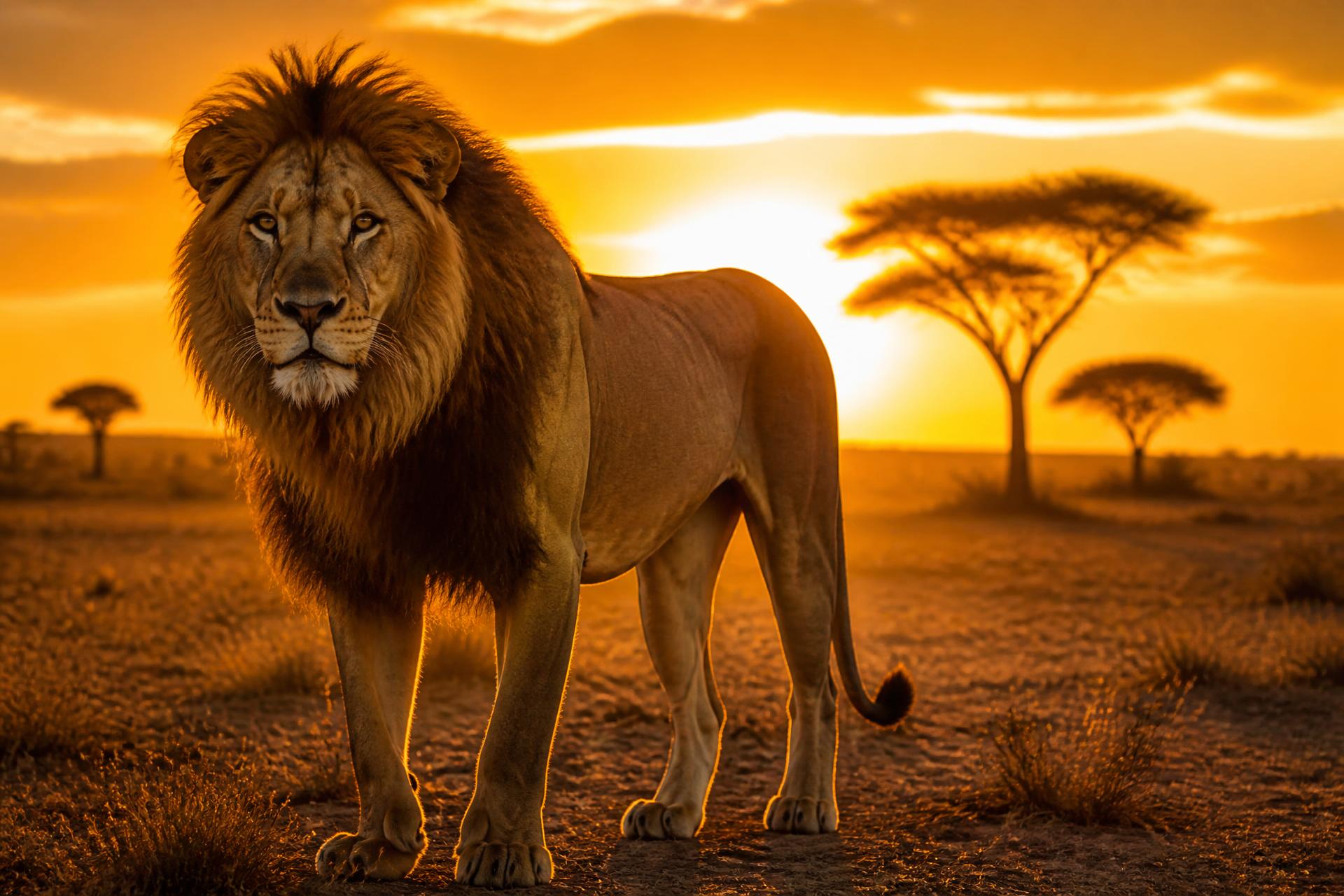 Golden savannah plains with acacia trees at sunrise in Tanzania