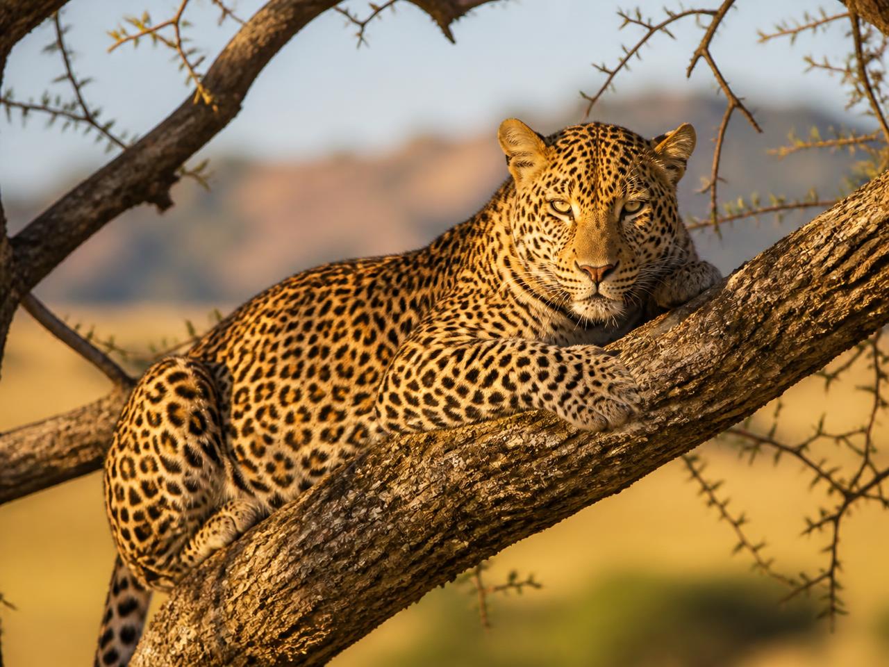 Leopard resting on an acacia branch in golden afternoon light