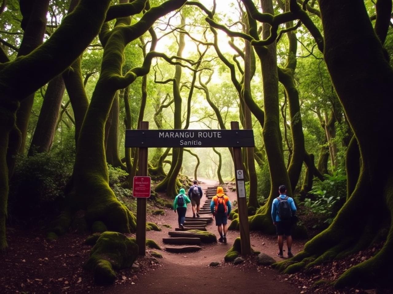 Hikers walking through mossy rainforest at the Marangu Route gate on Mount Kilimanjaro