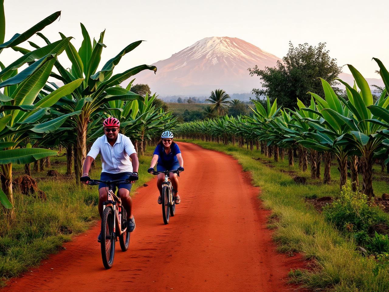 Cyclists riding a red dirt road through banana farms with Mount Kilimanjaro behind