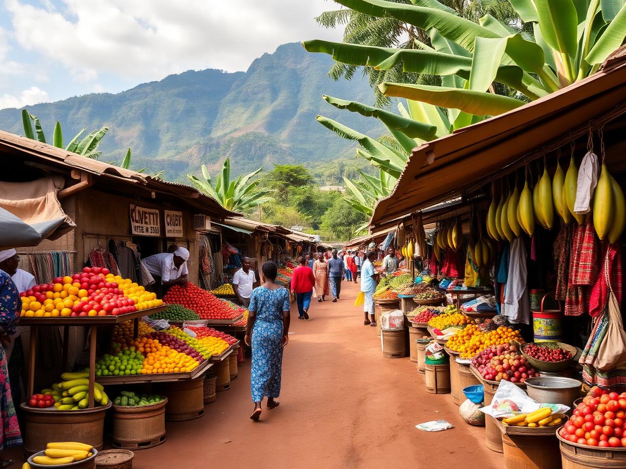 Colourful market street and banana plantations at Mto wa Mbu near Lake Manyara