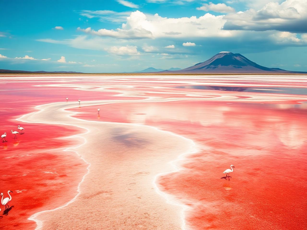 Red salt flats and flamingos at Lake Natron, northern Tanzania
