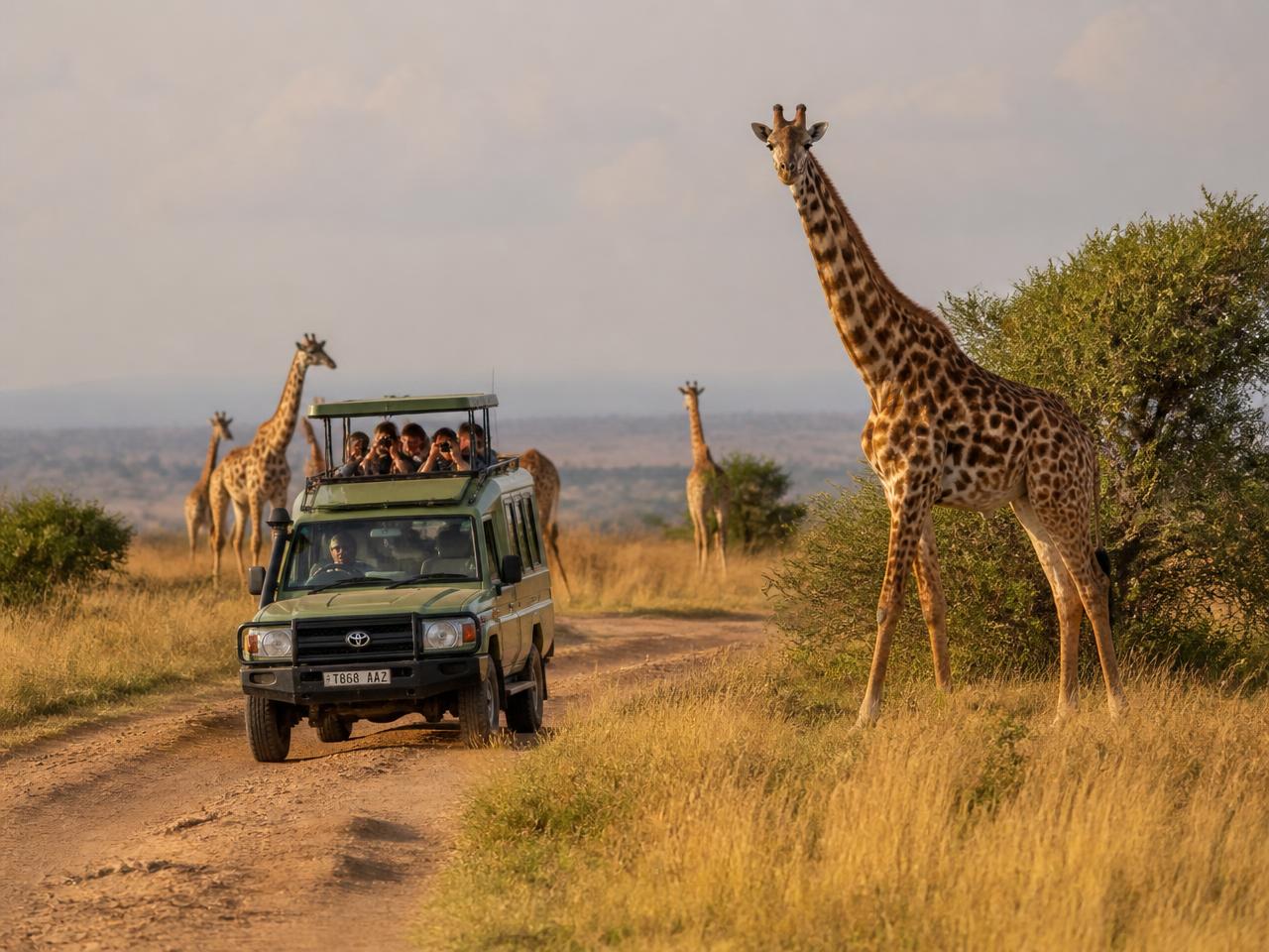 Private open-roof safari vehicle with guests photographing giraffes