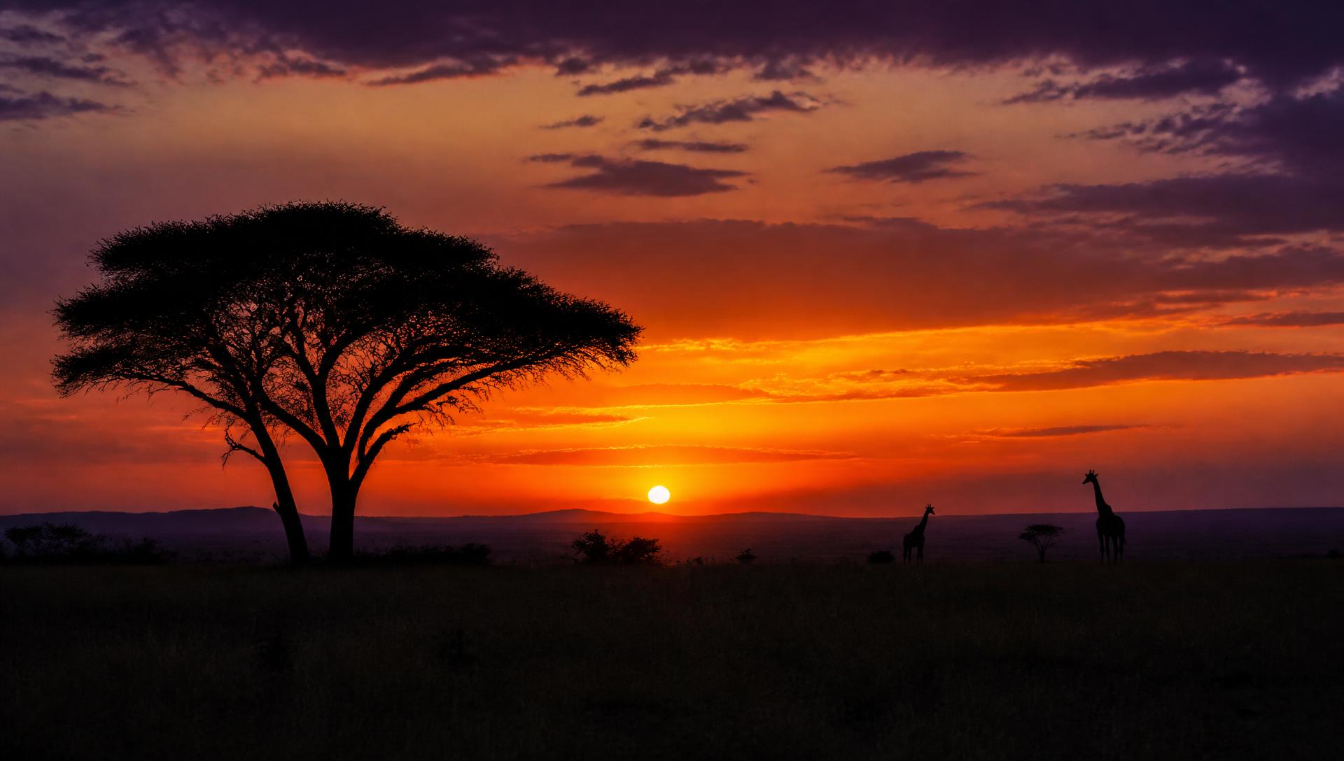 Dramatic African sunset over the savannah with a silhouetted acacia tree and giraffes